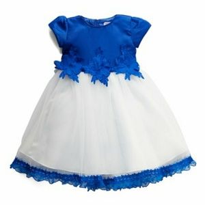 Royal Blue & White Puff-Sleeve A-Line Dress - Infa